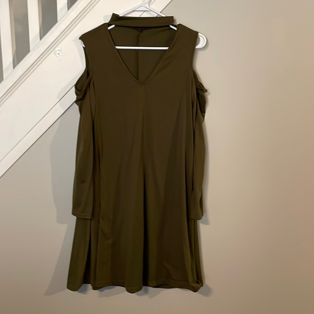 Olive Green Cold Shoulder Mock Neck Dress